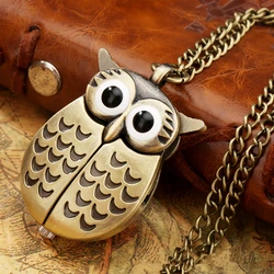 3D Owl Cute Pocket Watch Vintage Punk Bronze Nighthawk Quartz Pocket Watches with Necklace Chain Kid Ladies Souvenirs Gift Clock