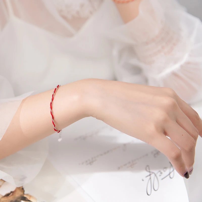Modian Red Rope Beads Bracelet for Women Fashion Pure 925 Sterling Silver Adjustable Geometric Link Chain Bracelet Fine Jewelry