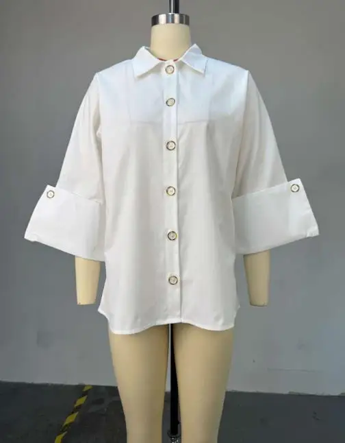 가을 신상 패셔너블한 단색 칼라 버튼 프론트 루즈 셔츠 여성 패셔너블 우아한 루즈 긴팔 셔츠