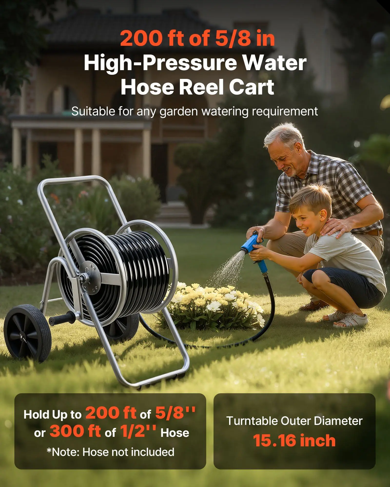 

Water Hose Reel Cart, 200/300 ft High-Pressure Garden Hose Cart, Hoses Reel Carts with Two Wheels, Handle & Heavy-Duty Mesh