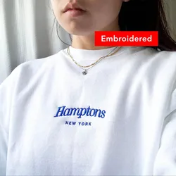 Hamptons New York Letters Embroidered Vintage White Sweatshirts Women Long Sleeve Cotton Autumn Tops Ins Fashion Casual Jumper