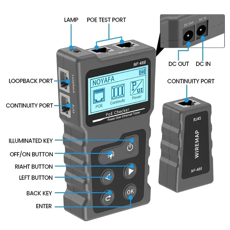 NOYAFA penguji kabel jaringan NF-488 Poe, Tester kontinuitas kabel Ethernet Tester DC saklar daya tes Loop-Back untuk CAT5e/CAT6/6a