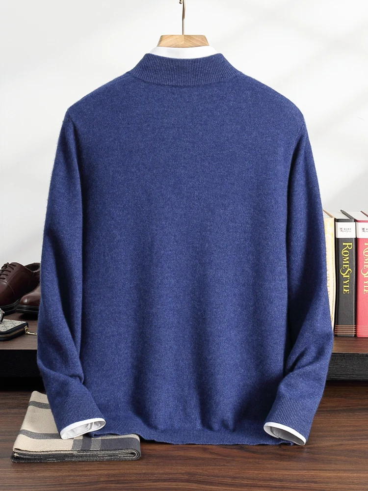 

Autumn Winter Men's 100% Goat Cashmere Sweater Thick Zippers Mock Neck Cardigan Cashmere Knitwear Long Sleeve Soft Clothing Tops