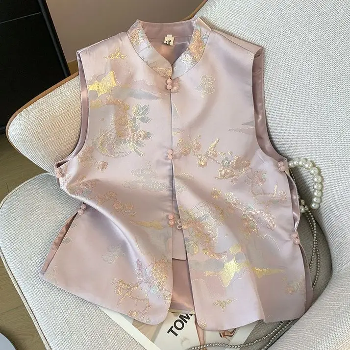 

New Chinese Sle Women's Vest Svel Satin Embroidery Top Spring Autumn Outerwear Floral Pattern Stand Collar Button up