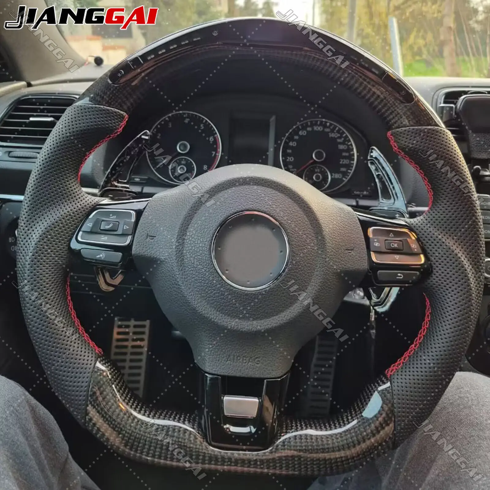 

HandMade LED Carbon Fiber Car Sports Steering Wheel Fit For VW MK6 R GTI R-LINE 08-14 Accessories Black Leather