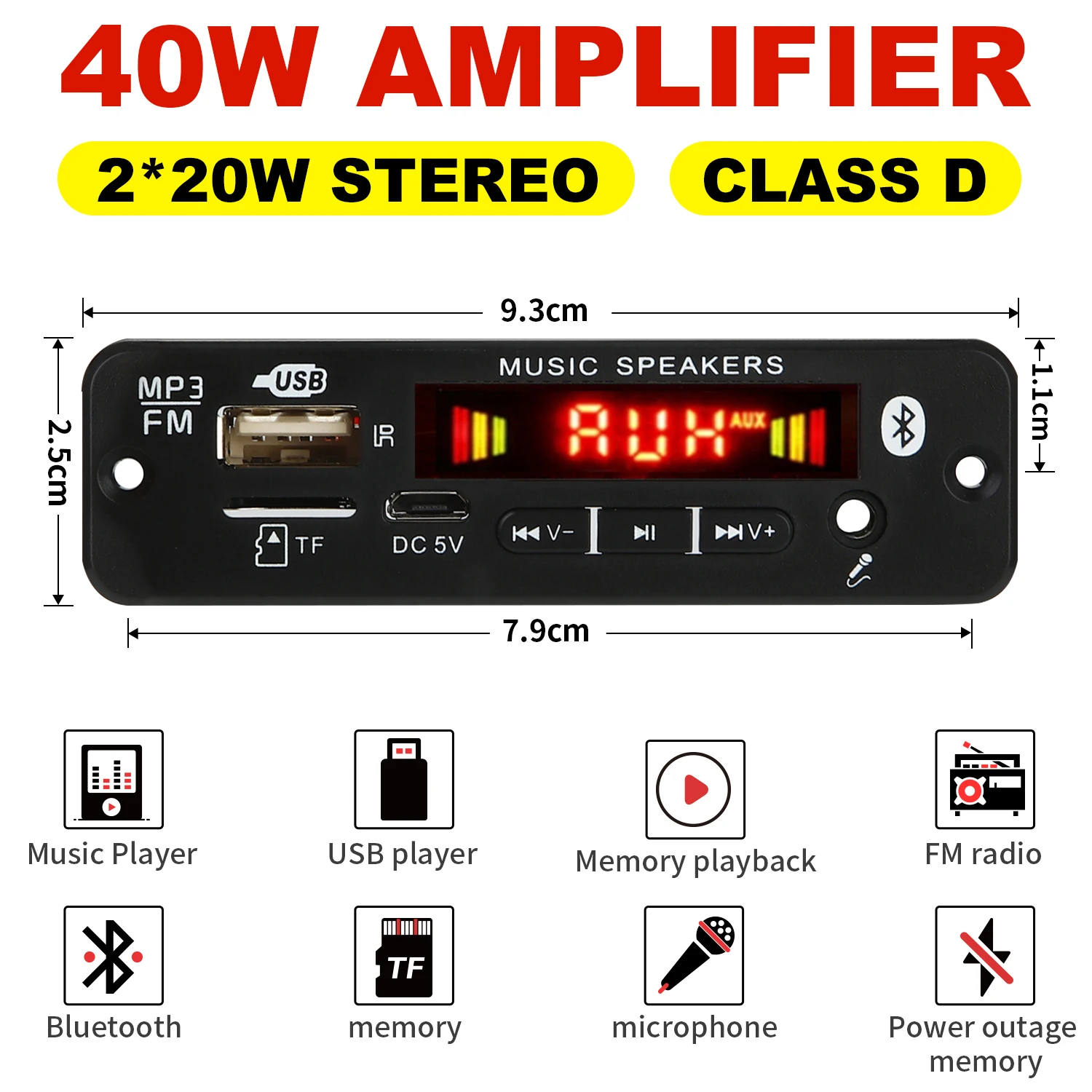 2*20W Erősítő hifi DIY MP3 Dekódoló Kapcsolótábla 12V 40W Hang áram Bluetooth 5.0 autó Fermium Rádióadó Modul TF USB handsfree Parancskihirdetés Rekord