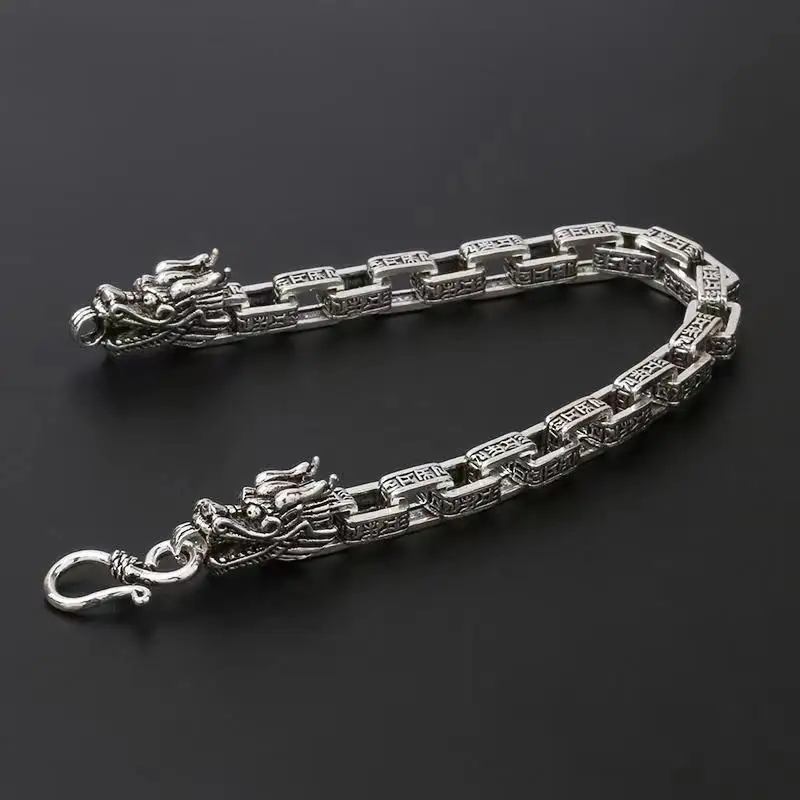 New Silver Color Retro Domineering Men's Dragon Bracelet Six-word Mantra High-end Gift Temperament All-match Jewelry