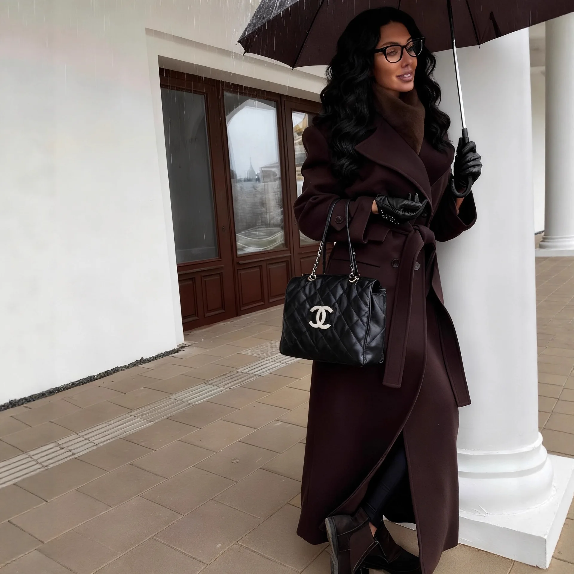 معطف طويل كلاسيكي من التويد ذو طية صدر كبيرة معاطف نسائية أنيقة فضفاضة بحزام مزدوج الصدر معطف نسائي شتوي كلاسيكي أنيق للشارع