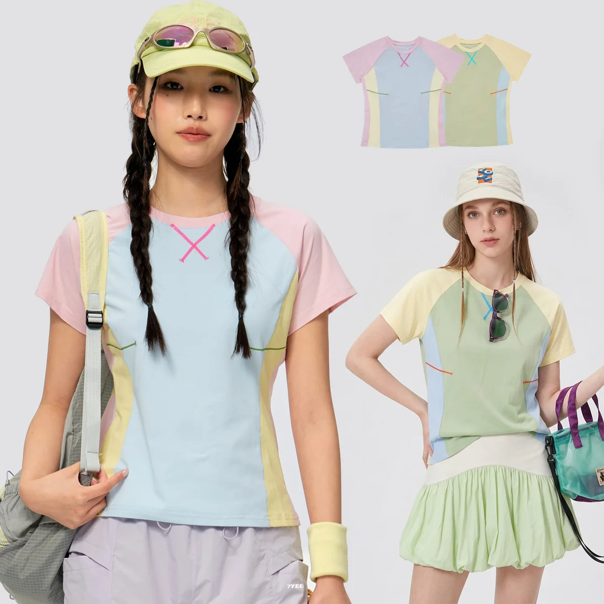 Women Summer Streetwear Y2k Candy Color Splice Fashion Outdoor Slim Fit Quick Dry Sports Short T-shirt Sweet Girl Tops Tshirt