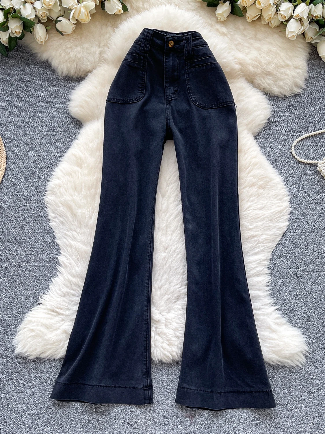 

Retro Korean Sle High Waist Slimming Denim Jeans Women's Summer Long Pants Floor Length Pure Color Straight Leg Trousers