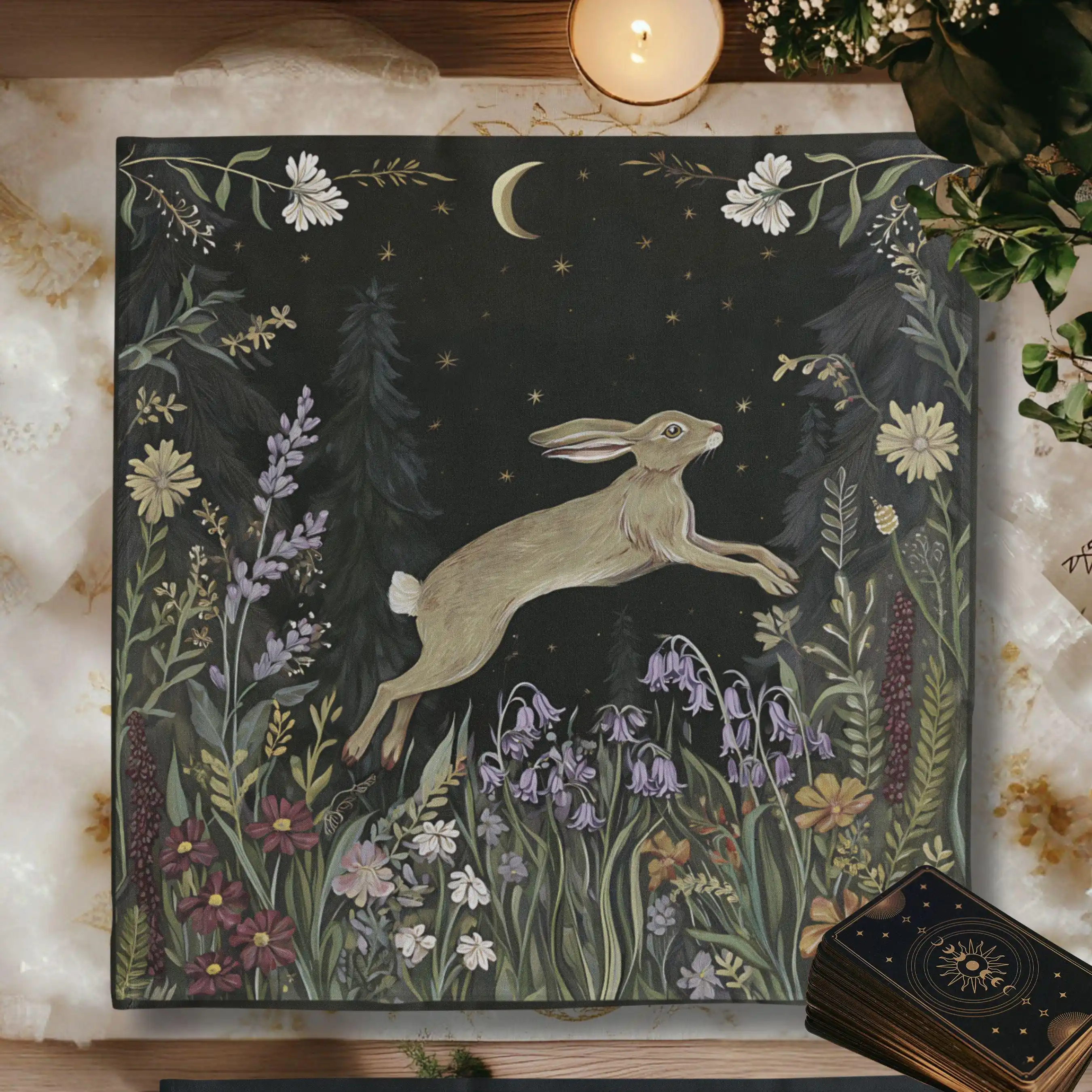 VIKAMA Dark Moon Night Hare Flower Tablecloth Witch Altar Cloth Mysterious Tarot Divination Ceremony Tarot Card Tablecloth