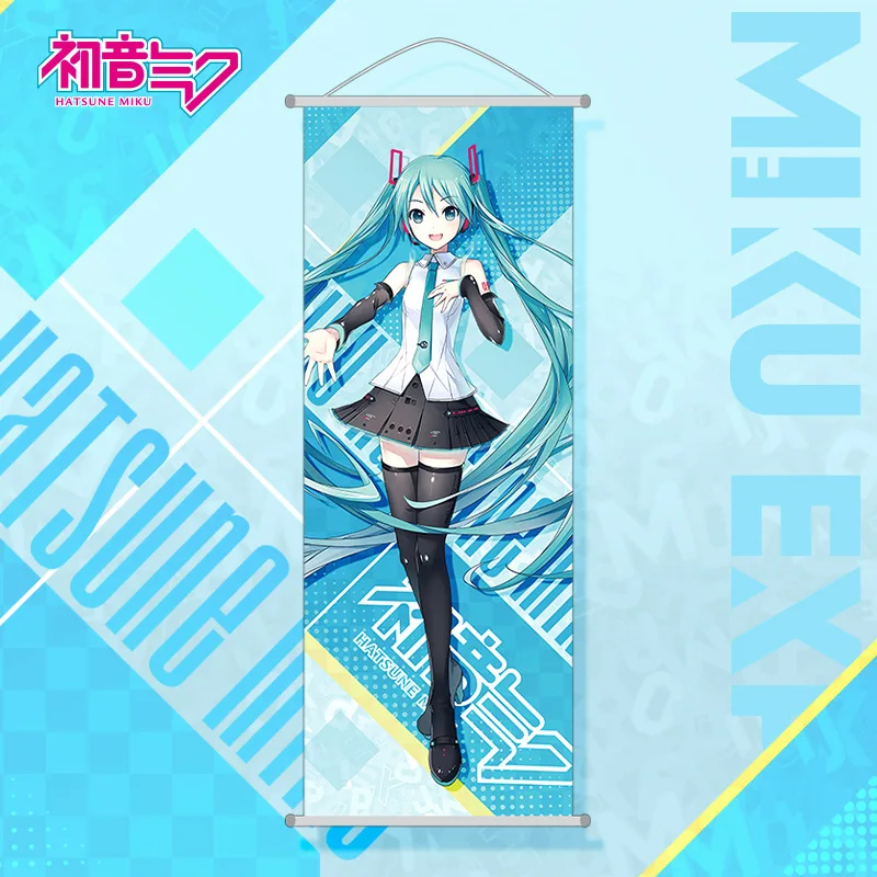 Hatsune miku decoração do quarto decoração de parede dos desenhos animados hatsune miku pendurado pintura rolo longo presente do feriado anime bens suporte