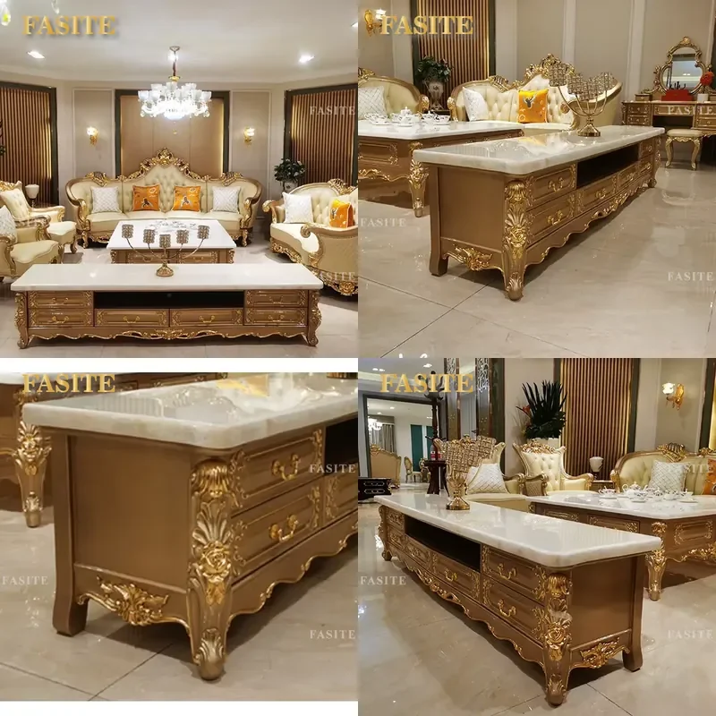 For European Luxury Classical Wooden Living Room TV Table Furniture Set Golden Carved Wood Frame Marble Top TV Stand