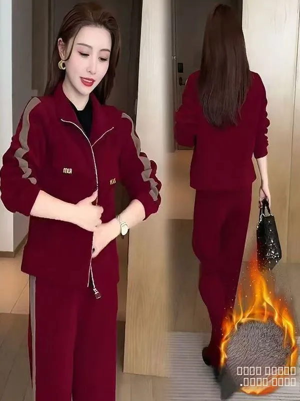 

Модный зимний женский спортивный костюм с флисовой подкладкой: куртка с высоким воротником и брюки, комплект из двух предметов в корейском стиле для повседневной носки