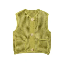 Tangada 2024 Fashion Women Green Buttons Knitted Sweater Jumper Sleeveless Cropped Cardigan BE0237