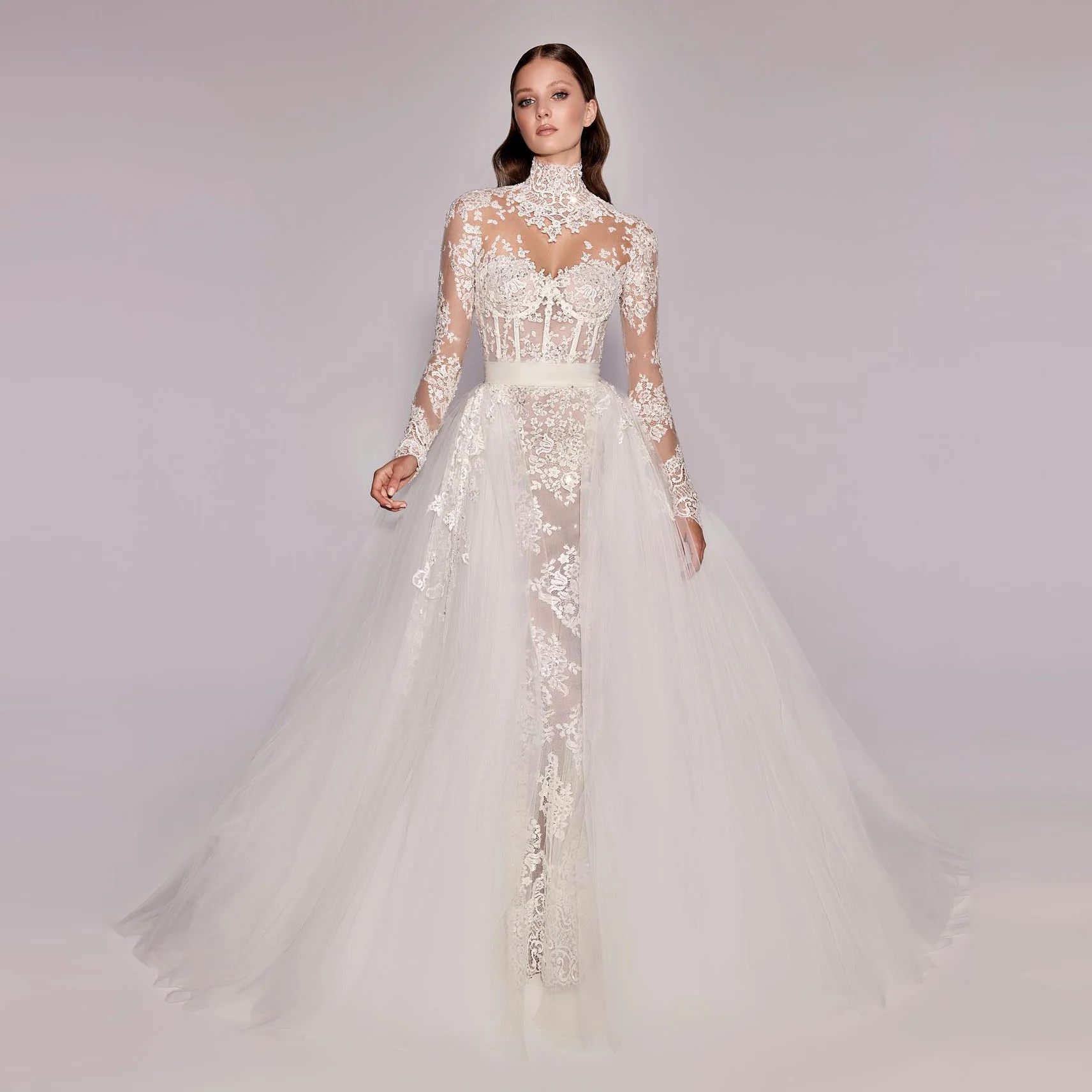 

Sharon Said Luxury White High Neck Romantic Tulle Mermaid Wedding Dress Dubai 2026 High End Women Bride Gowns SW545 Customized