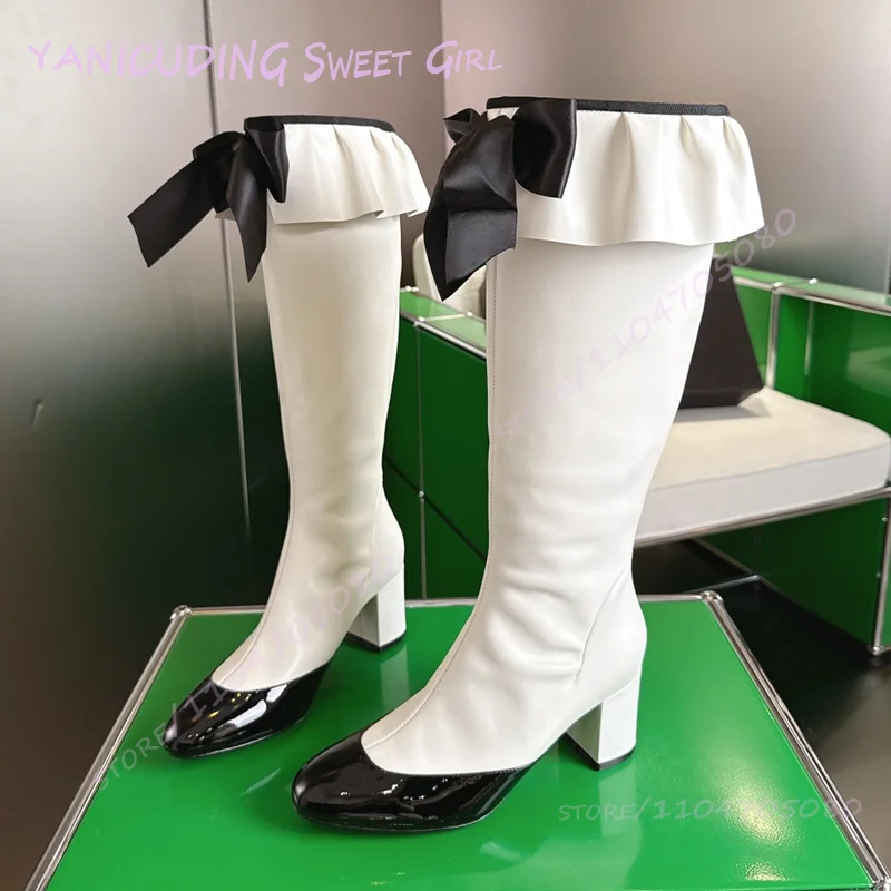 

White Leather Knee-High Low-Heeled Patchwork Boots Black Bow Khaki Round Toe Colorful Ruffles Fringe Casual Zip-Up Work Shoes