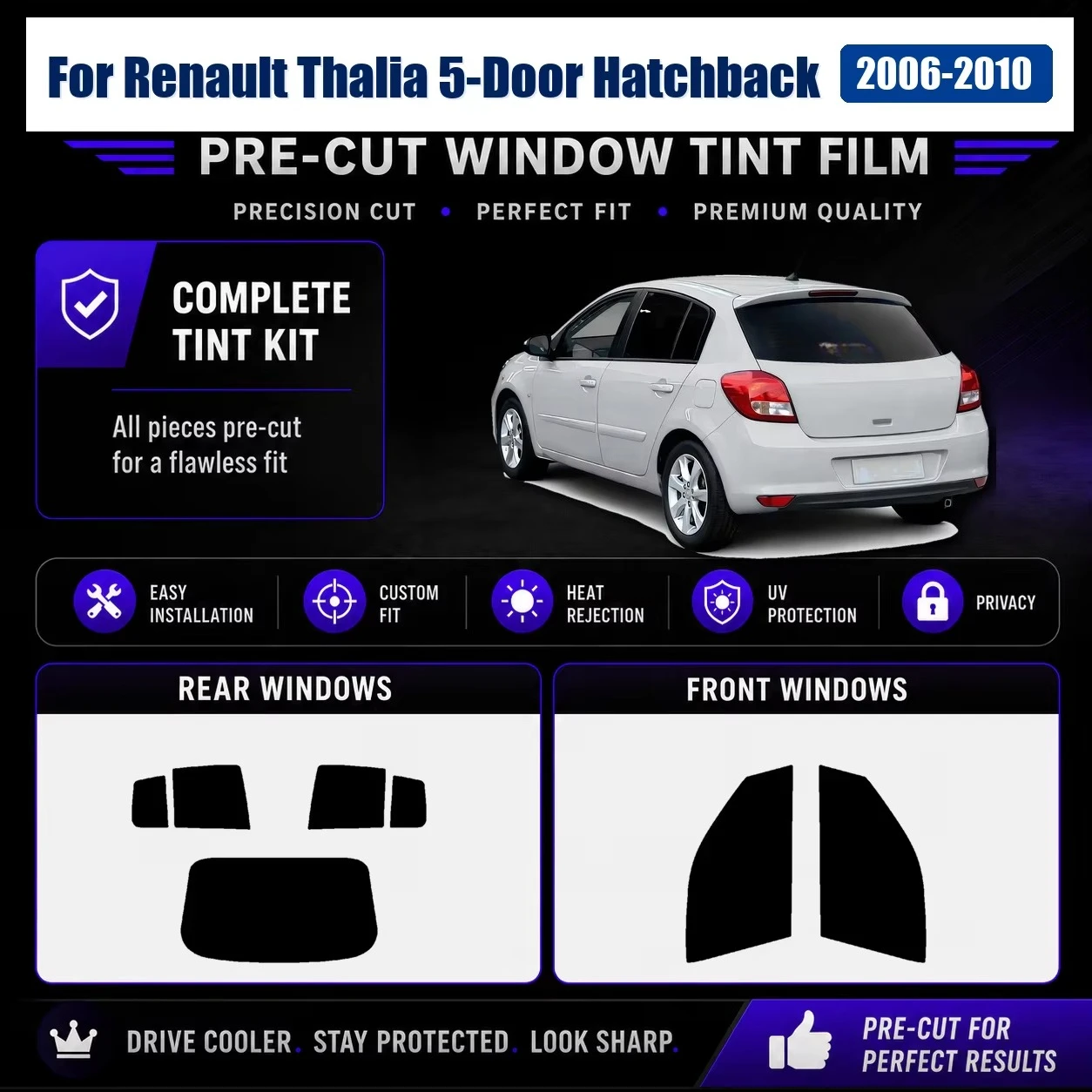 Heat Reject Privacy Sun Shade Film for Renault Thalia 5-Door Hatchback 2006-2010, Custom Fit Complete Auto Window Protection Kit
