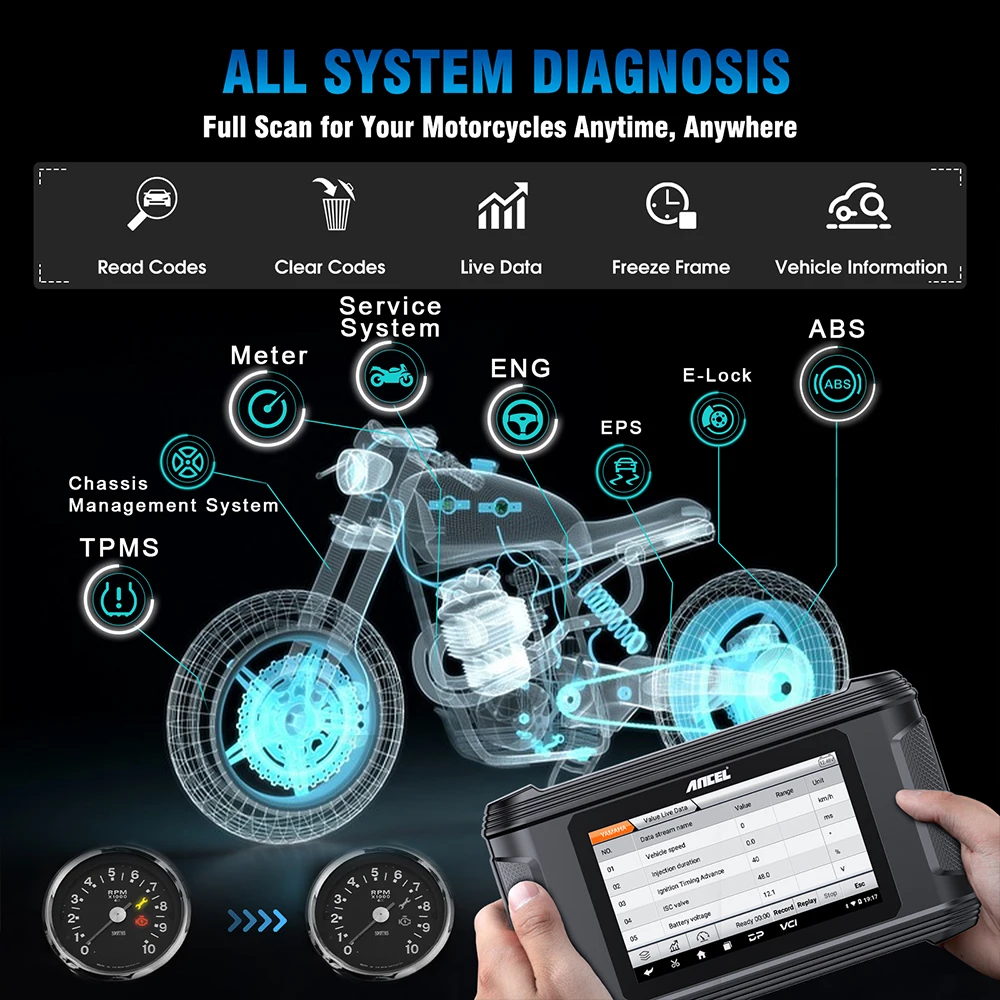 ANCEL MT510 Motorcycle Scanner for BMW/DUCATI/Harley Full System Support 30+ Functions Scanner ECU Reset Diagnostic Tool