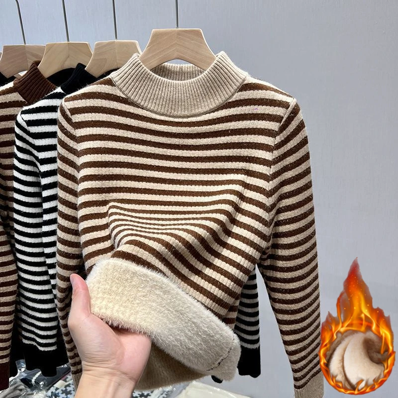 2024 Women\'s Turtleneck Stripe Velvet Thicken Sweaters Winter Slim Warm Knitted Tops Casual Plush Fleece Lined Soft Pullover