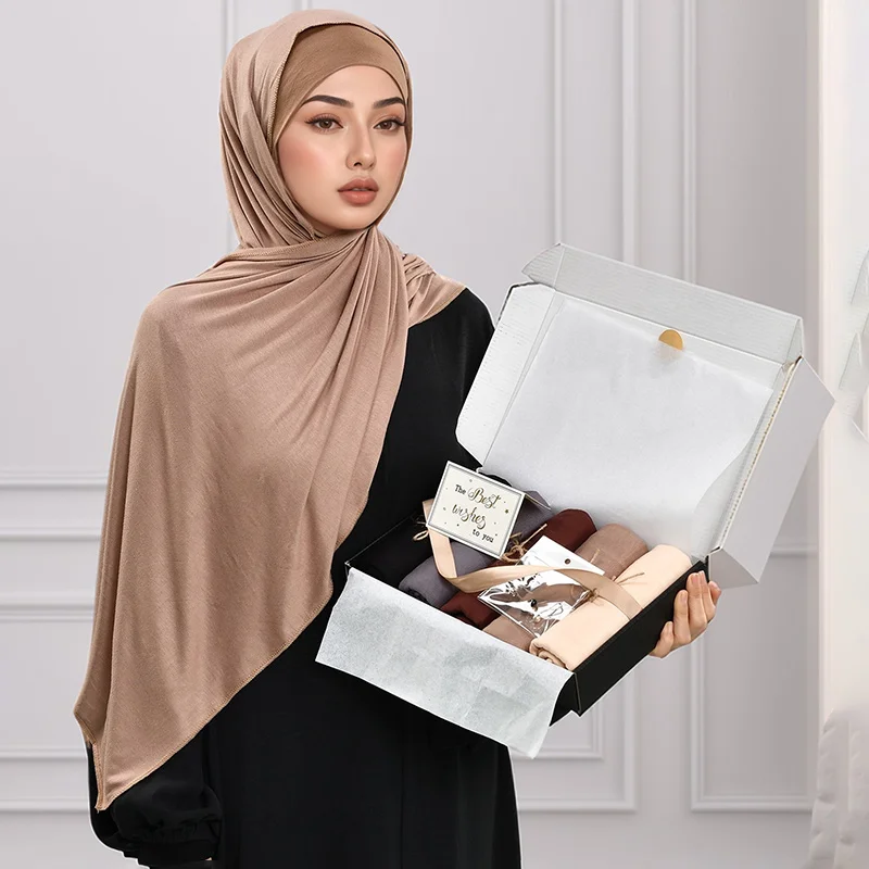 Ramadan Modal Chiffon Cotton Hijab Scarf Set Muslim Headscarf With Box Mixed Hijab Headband Head Scarf Female Foulard Hijab Gift