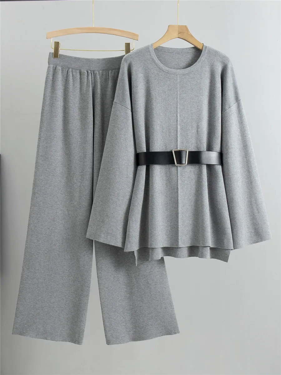 Chic Elegant Knit 2 Pieces Sets Women O-neck Knitwear Pullover Tops Conjuntos Korean High Waist Wide Leg Sweatpants Outfit New