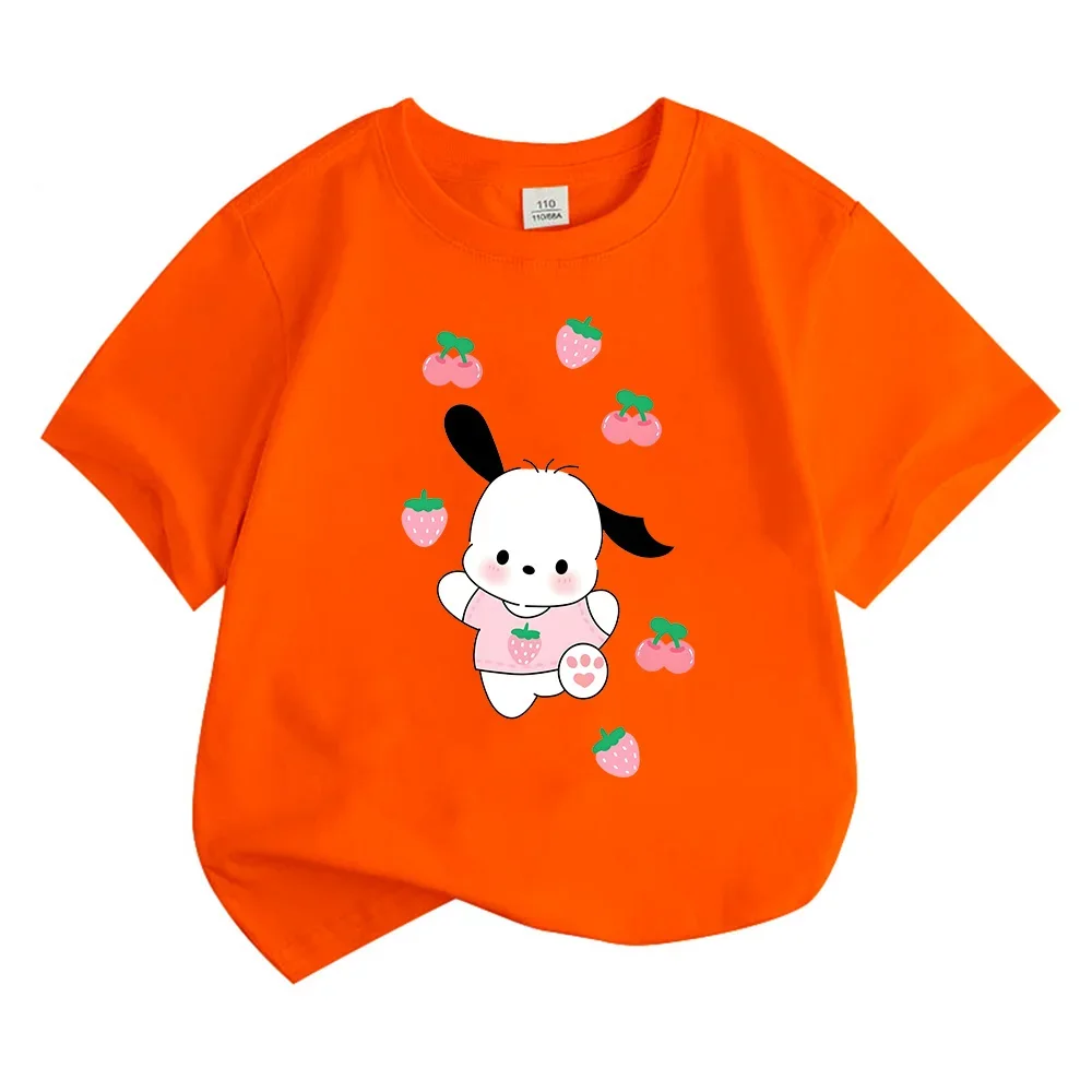 

Kawaii Pochacco розовые футболки с клубникой Инь, персиковыми фруктами, милая одежда для девочек, детские летние хлопковые футболки, новые топы