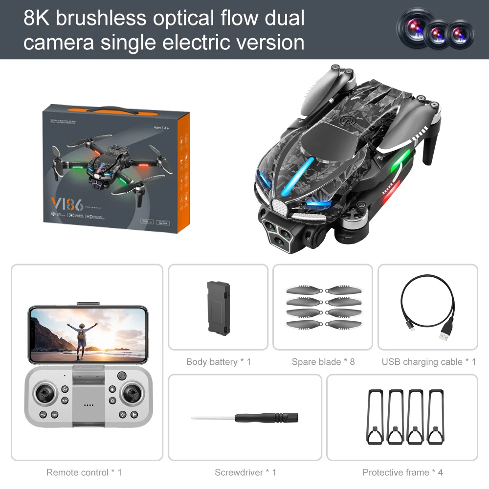 

2024 New V186 8K Three Camera Professional Drone FPV Brushless Obstacle Avoidance RC Helicopter Folding Four Axis Aircraft