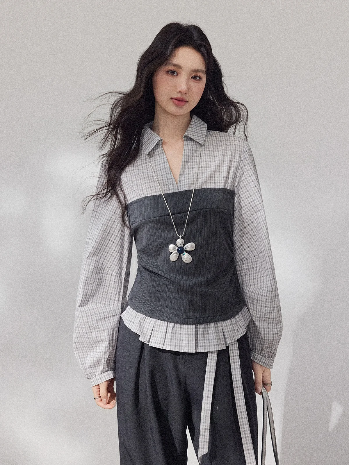 

Spring 2026 Zhang Soda Plaid irt Waist Cinched Casual Pants Set Women's Cheered Print Loose Fit Long Sve Casual Wear