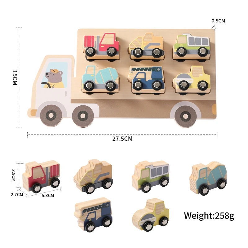 0-3 Jahre Auto-Spielzeug Holz-Baufahrzeug-Set Montessori Formen-Zuordnungspuzzle mit 6 Stück Baufahrzeuge Lernspielzeug – Detail 13