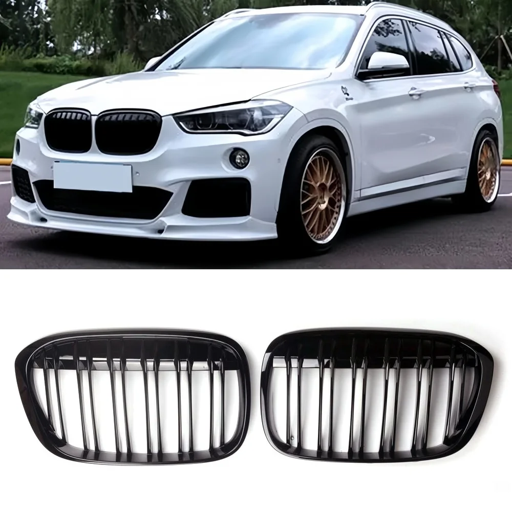 Double Line Car Front Bumper Kidney Grill Grilles For BMW X1 F48 2016 2017 2018 2019 Racing Grille Glossy Black Car Style