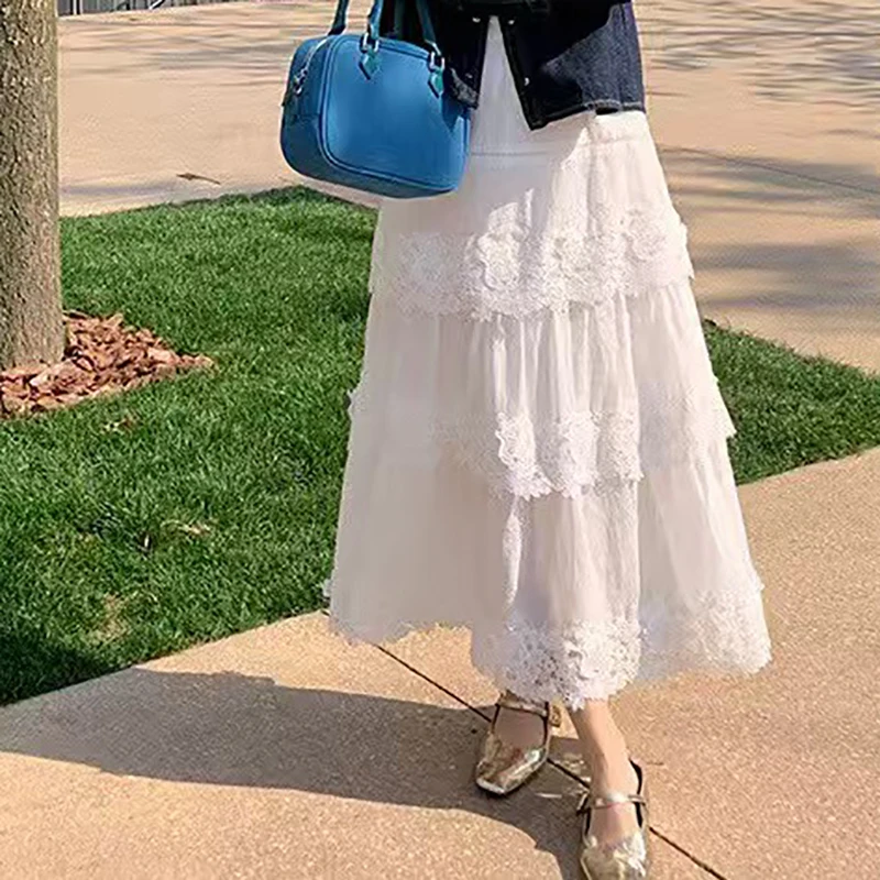 Media falda de ramio con cintura elástica para mujer, media falda de retazos de encaje soluble en agua, falda larga de alta calidad, verano, nuevo, 2025