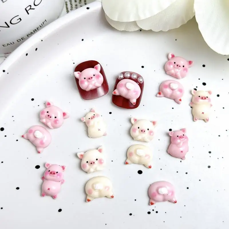 50 SZTUK Śliczne Chubby Pig Heads Butts Nail Charms Adorable Powder Blusher Piglets Nail Art Decorations for Making DIY Nails Parts