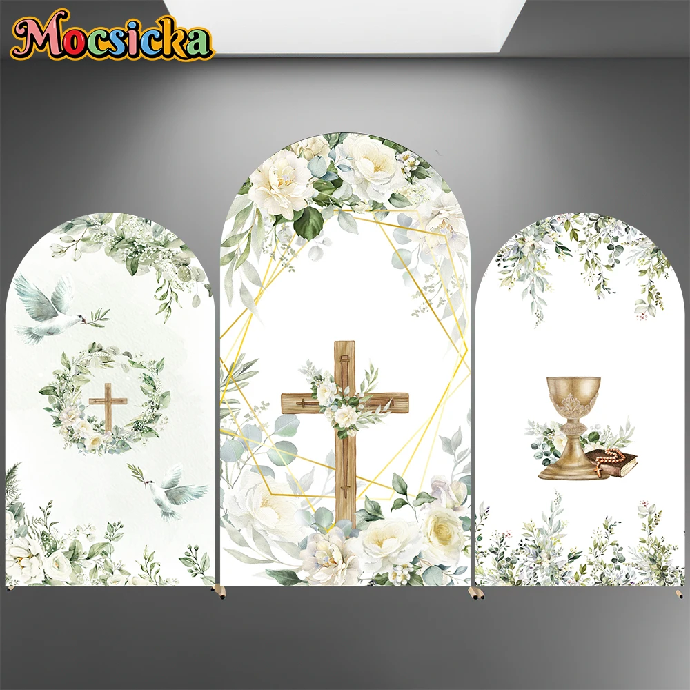 

Mocsicka Cross Arch Backdrop Cover Elastic Double-Sided Christening Favors Communion Photo Arched Background Dove Of Peace Decor