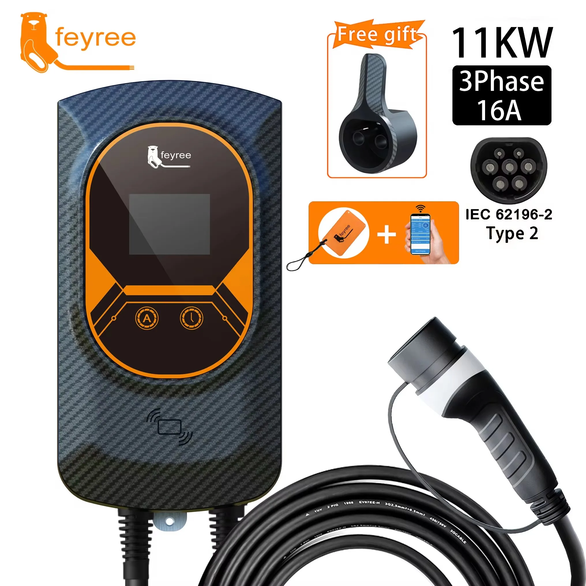 feyree EVSE Wallbox Type2 Cable 32A 7.6KW EV Car Charger 11KW 22KW 3 Phase Charging Station APP Control for Electric Vehicle