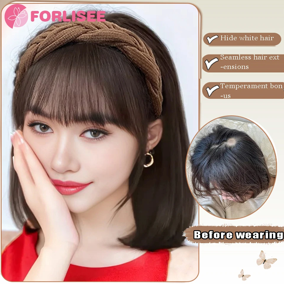 Fishbone Braid Hairband Synthetic Bangs Hair Extension Fake Fringe Natural Hair Clip On Hairpieces For Women Invisible Natural