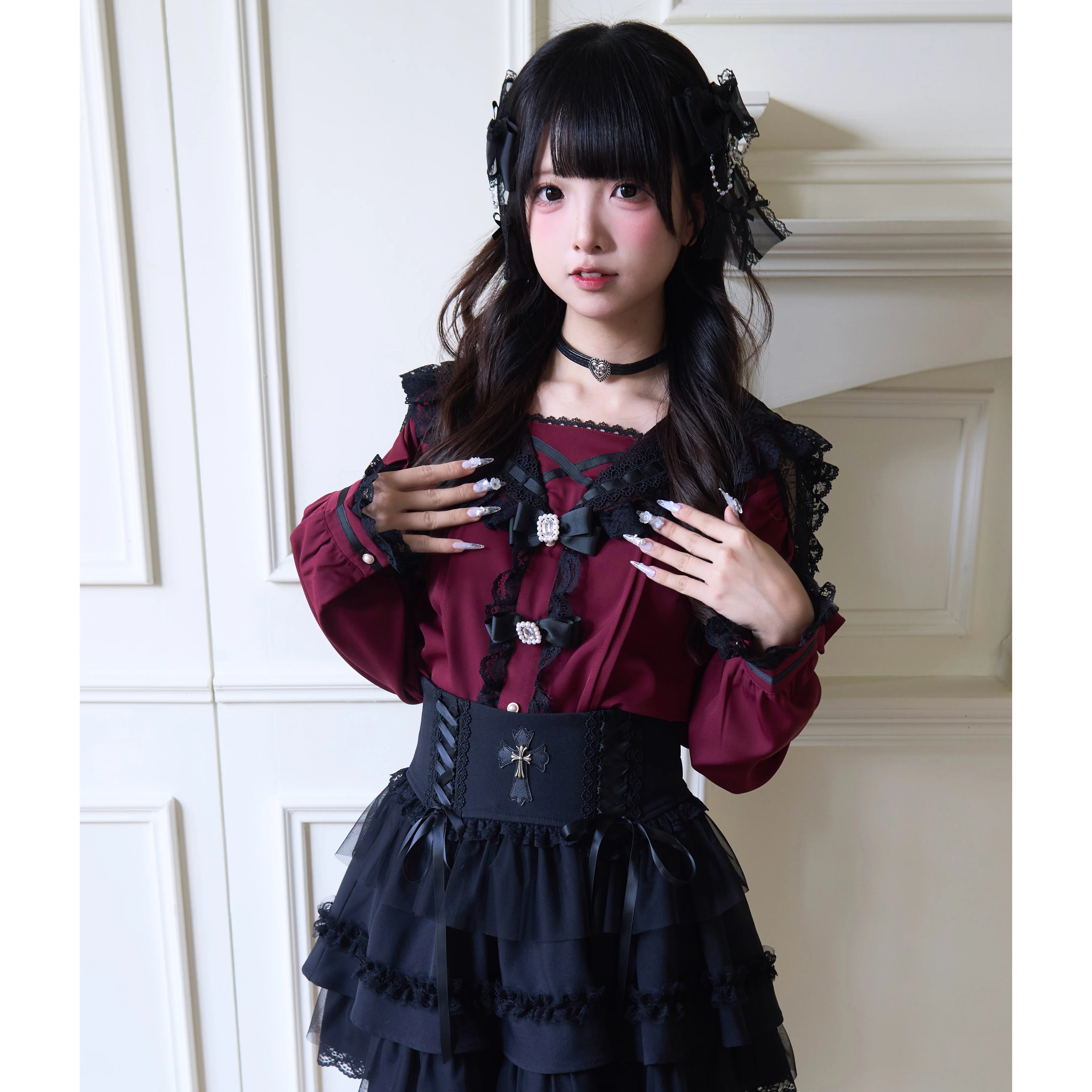 Original Japanese Mine Mass-produced Black Lolita Shirt Women's Sweet Cute Bow Lace Navy Collar Top Shirt + Skirt Set Spring New