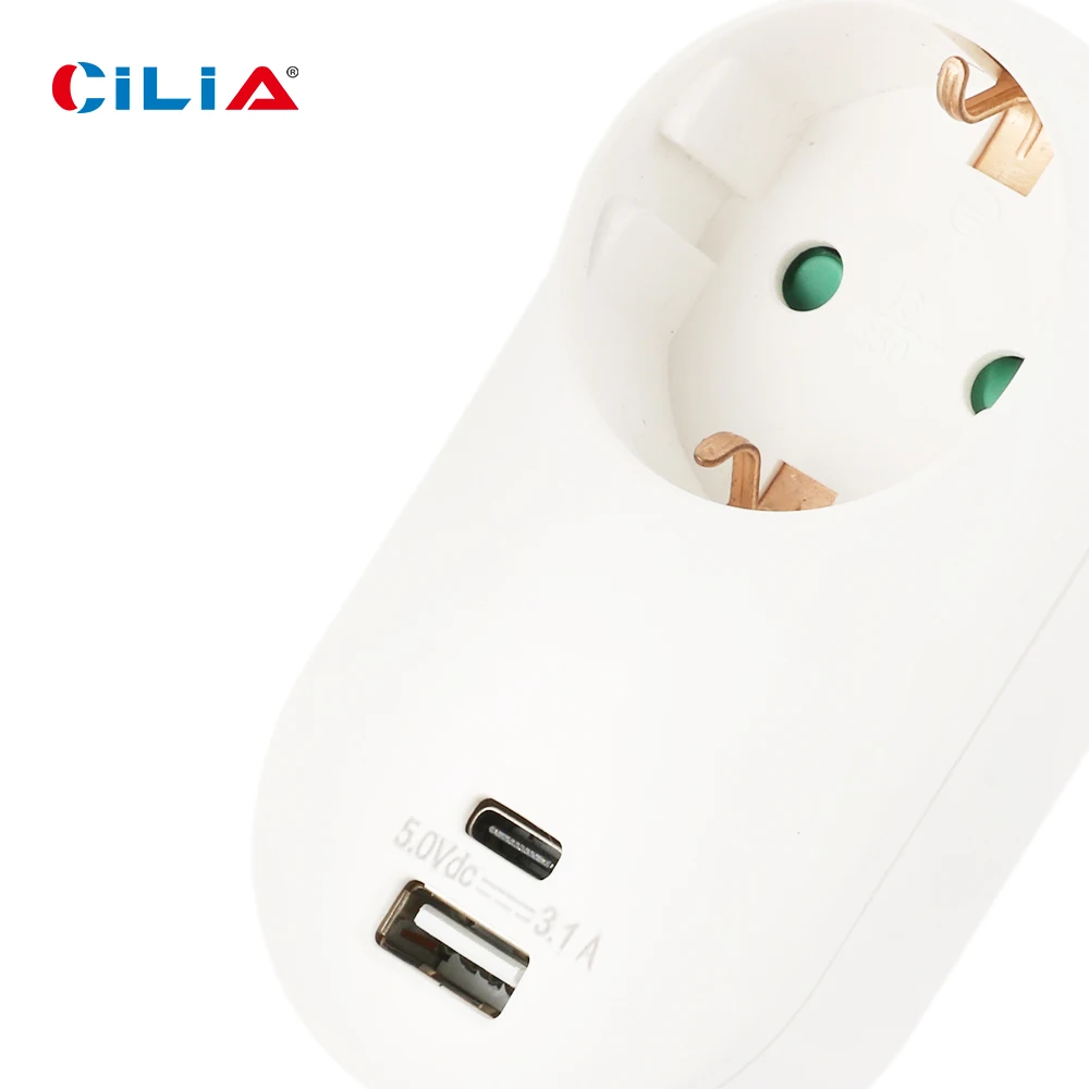 CILIA Schuko Multi Outlet Extender, Socket Adapter, Wall Plug with 1 USB and Type-C Port, 2 Hole, 1PC, 2PCs