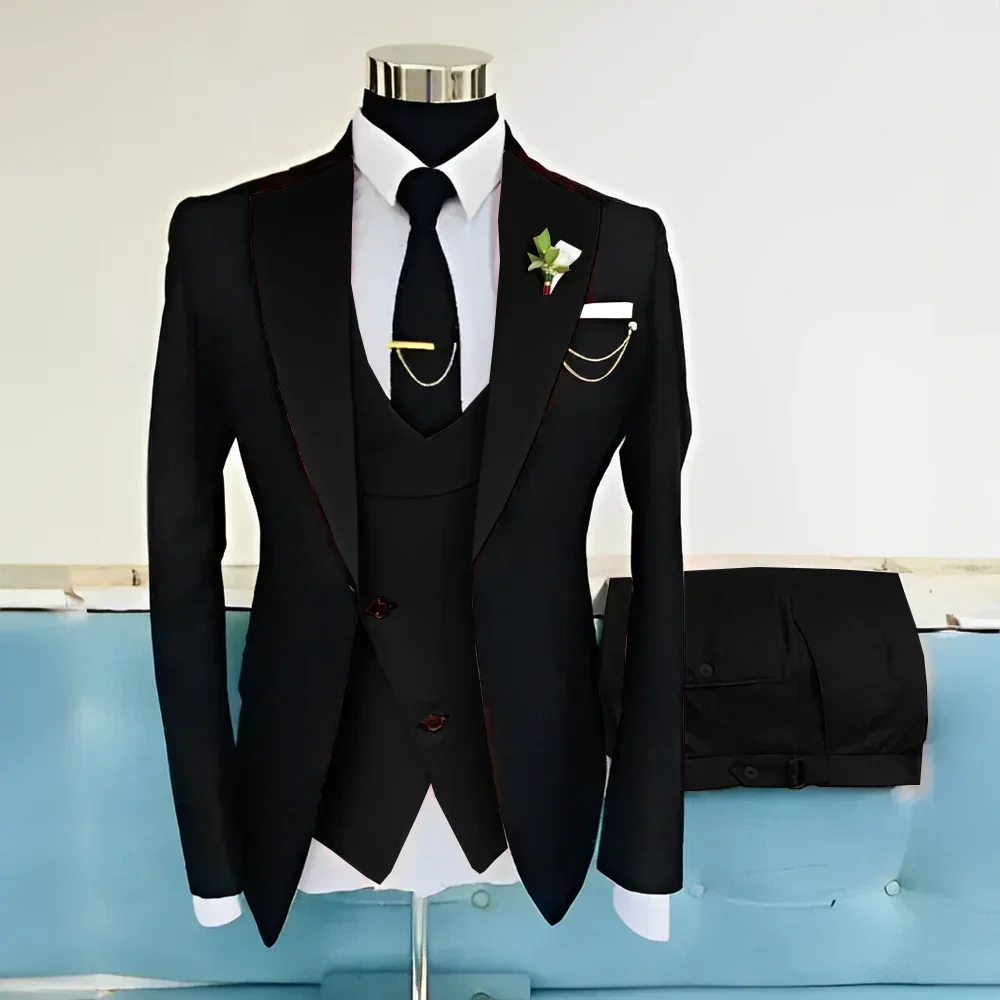 

W87 Blue Suit For Men Wedding Dress Groom Tuxedo 3-piece Jacket Pant Vest Formal Elegant Men Customized Suit Terno Masculi