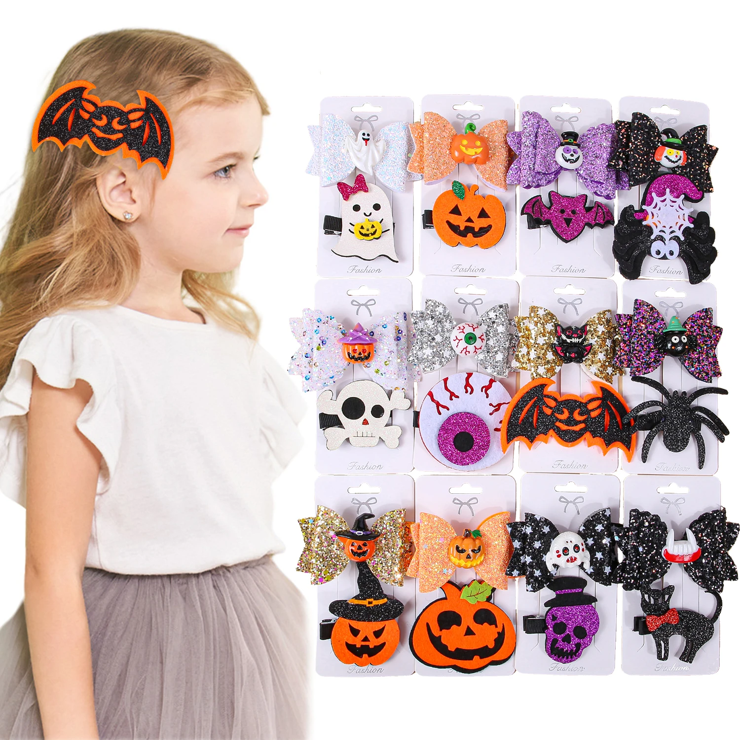 

8pcs Ghostface Pumpkin Devil Ghost Skull Cat Spider Pink Eyes Bow Hairpin For Girls Halloween Deco Hair Accessories For Women