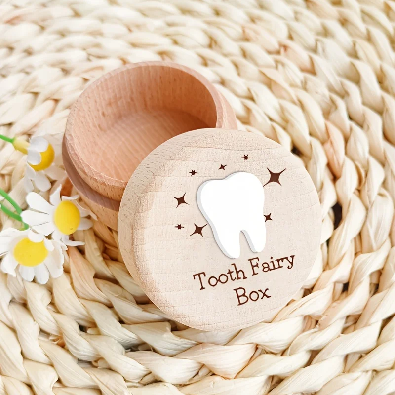 1PCS Wooden Tooth Fairy Box 3D White Tooth Pattern Tooth Preservation Storage Hair Umbilical Cord Keepsake Birth Souvenir Home