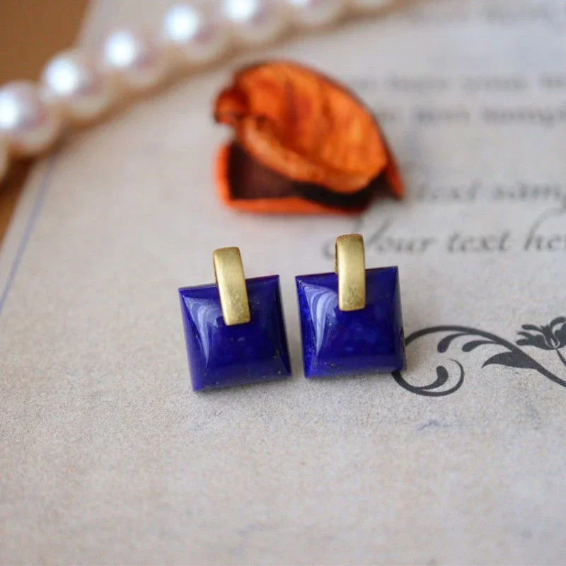 Lapis Lazuli Square Retro Geometric Earings for Women Design Style Blue Square Light Luxury Stud Earrings Silver Inlaid Jewelry