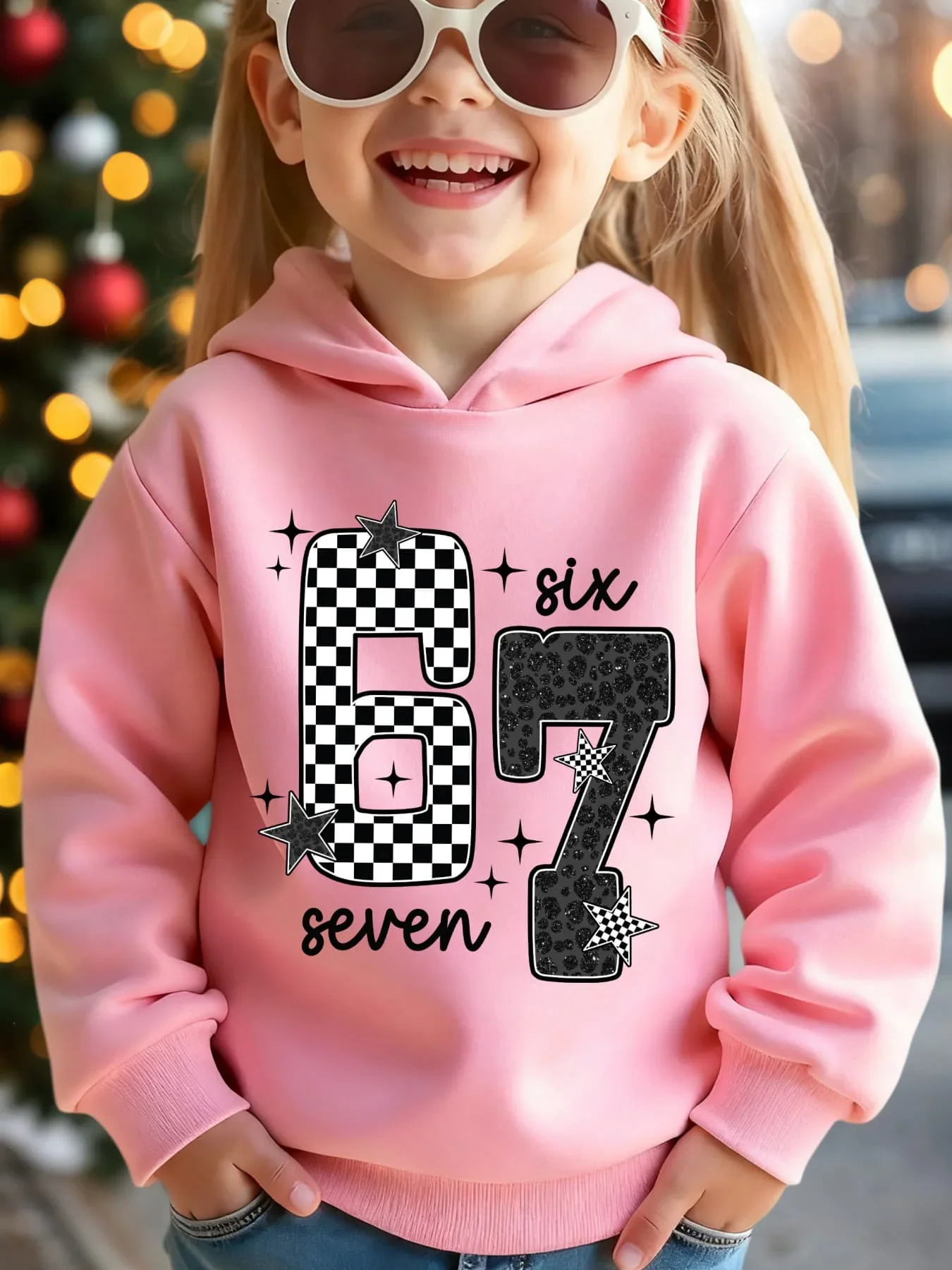 Teen Girls 6 7 Birthday Graphic Hoodie Printed Pink Sweatshirt Checkerboard Casual Loose Hooded Pullover Tops