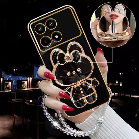 Pocox6pro Plating Mirror Holder Lanyard Case On For Xiaomi Mi Poco X6 Pro X5 X4 X3 M6 M5s F6 F5 C65 C75 C55 C61 Silicone Cover