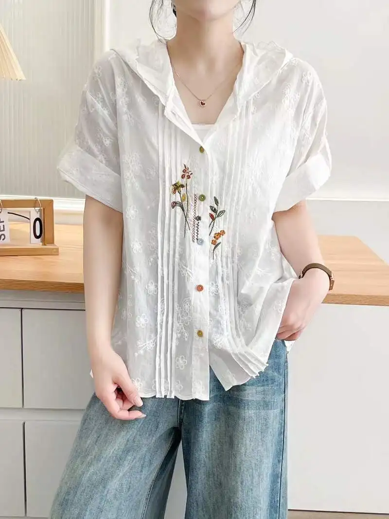 ใหม่2025ฤดูร้อนผ้าฝ้ายแขนสั้นHoodedเสื้อผู้หญิงเย็บปักถักร้อย,Moriสาวลดอายุสบายๆหวานเสื้อหลวมT55047CC