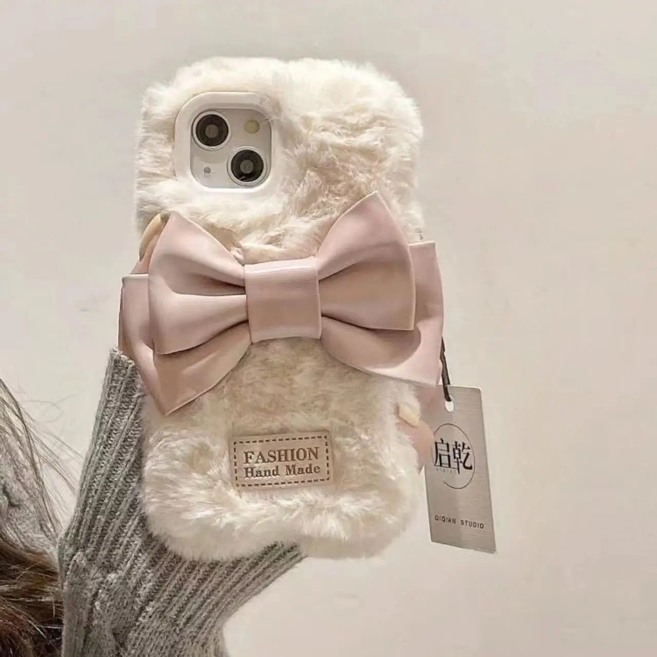 

Girl Pink Plush Bow Suitable for 15iPhone14 Phone Case 13promax New 12 Full Package 11 Women