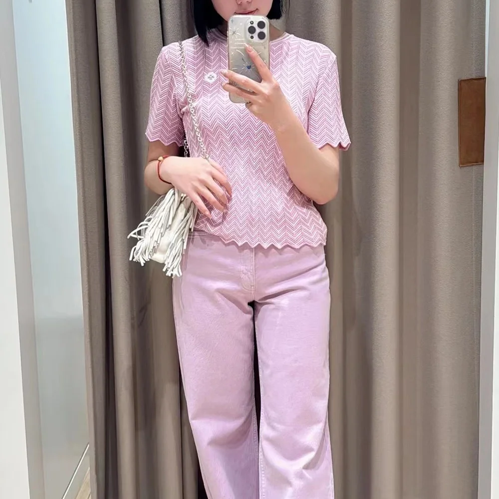 

M Home Summer 2024 Faionable Slim Fit Knitted Top Pink Striped Hollow out Design Sli Women's Pullover Regular Thin