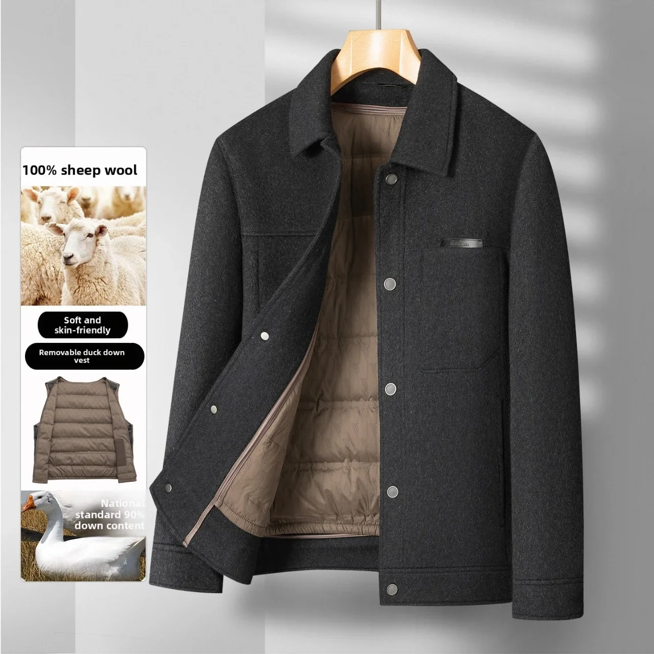 2026 Autumn/Winter New Men's Wool Coat Coat with 100% Wool Content, Duck Down Inner Tank Thickened Warm Jacket Coat