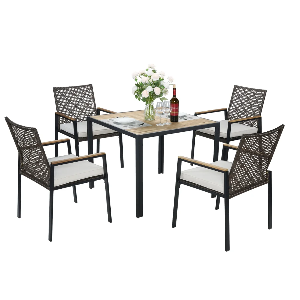 

5 Piece Patio Dining Set, with Weather Resistant Table and 4 Stackable Rattan Chairs for Garden, Outdoor Furniture Set