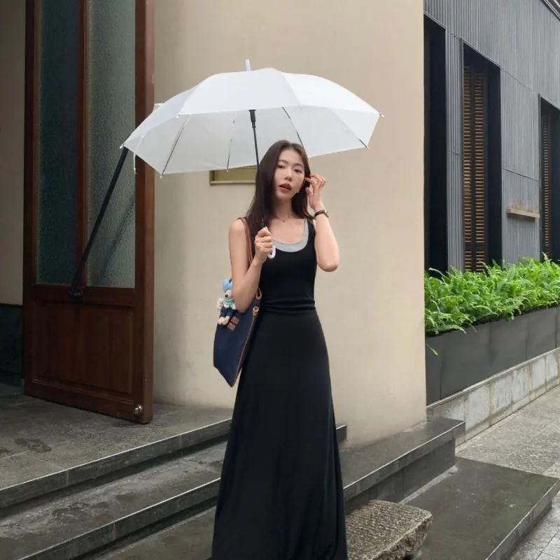 Women's Summer Minimalist Sleeveless Contrast Neck Bodycon Maxi Dress Slimming Flattering Long Dress